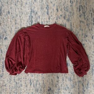 Ulla Johnson Burgundy Puff Sleeve Linen T-Shirt